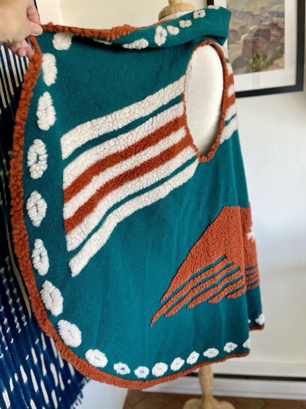 Ryan Michael Western Thunderbird Shawl Vest Poncho Wool Santa Fe Teal One Size - Picture 5 of 7
